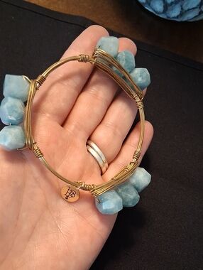 Handcrafted Gold Wire Aqua Bead Bangle Bracelet